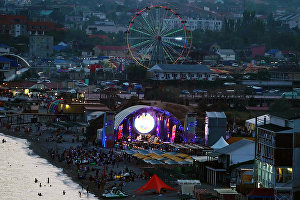 Koktebel shore where the main stage of the 16th Koktebel Jazz Party international music festival is located