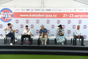 From right: Dmitry Bril of the Bril Brothers Band, singer Mariam Merabova, Bril Brother Band members Igor Bril and Alexander Bril during a news conference at the Koktebel Jazz Party 2020 international jazz festival in Crimea
