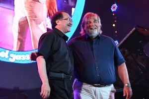 People’s Artist of Russia, pianist Daniil Kramer, left, and professor, pianist and composer Valery Grokhovsky at the opening of Koktebel Jazz Party 2021 international jazz festival in Crimea 