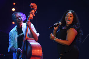 Singer Maiya Sykes and members of Sasha’s Bloc band perform at the opening of Koktebel Jazz Party 2021 international jazz festival in Crimea