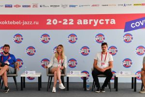 Singer Olga Sinyayeva of AllSee Band and the band’s members during a news conference at the Koktebel Jazz Party 2021 international jazz festival in Crimea