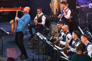 Jazz musician Sergei Golovnya performs at the concert of Georgy Garanyan Big Band led by Ilya Filippov and featuring Yoel Gonzalez-Portilla at the Koktebel Jazz Party 2021 international jazz festival in Crimea