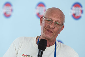 Jazz multi-instrumentalist and composer, People's Artist of Russia David Goloshchyokin at a news conference with Koktebel Jazz Party International Music Festival participants.