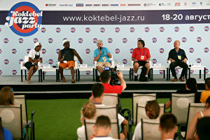 Brazil All Stars band members Sergio Brandao and Edson Da Silva, from left, and Anders Bergevantz and Erivelton Silva, from right, and musician Andrei Kondakov, center, during a news conference at Koktebel Jazz Party 2017 festival