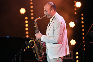 Saxophonist Sergei Golovnya during a performance by Yakov Okun International Band at Koktebel Jazz Party 2017 festival